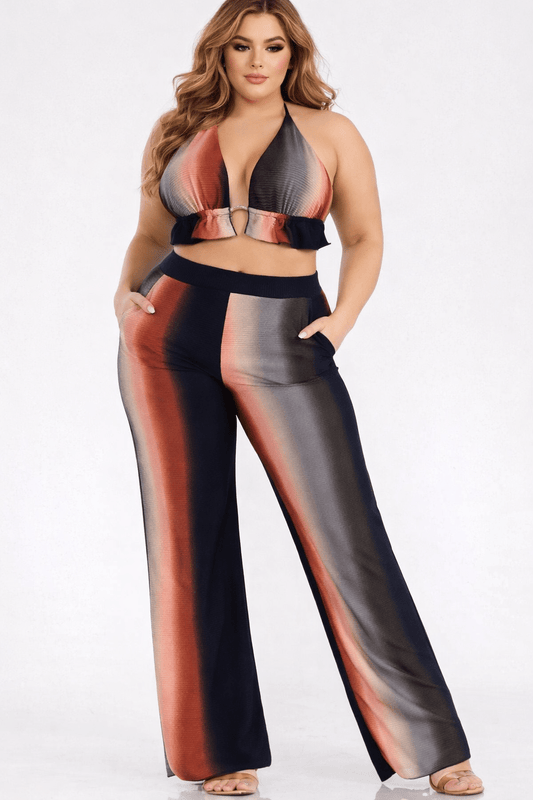 Ombre Plus Size Three Piece Rib Crop Top Pant Set With Cardigan - Blaire Shops