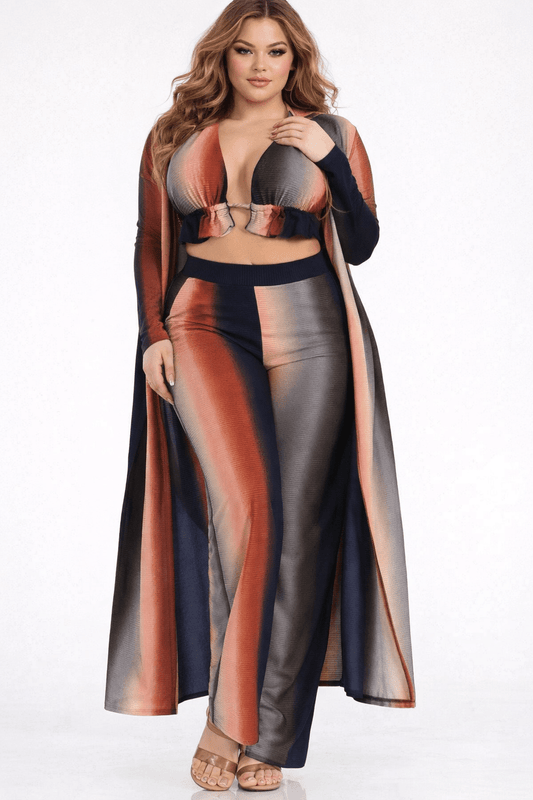 Ombre Plus Size Three Piece Rib Crop Top Pant Set With Cardigan - Blaire Shops