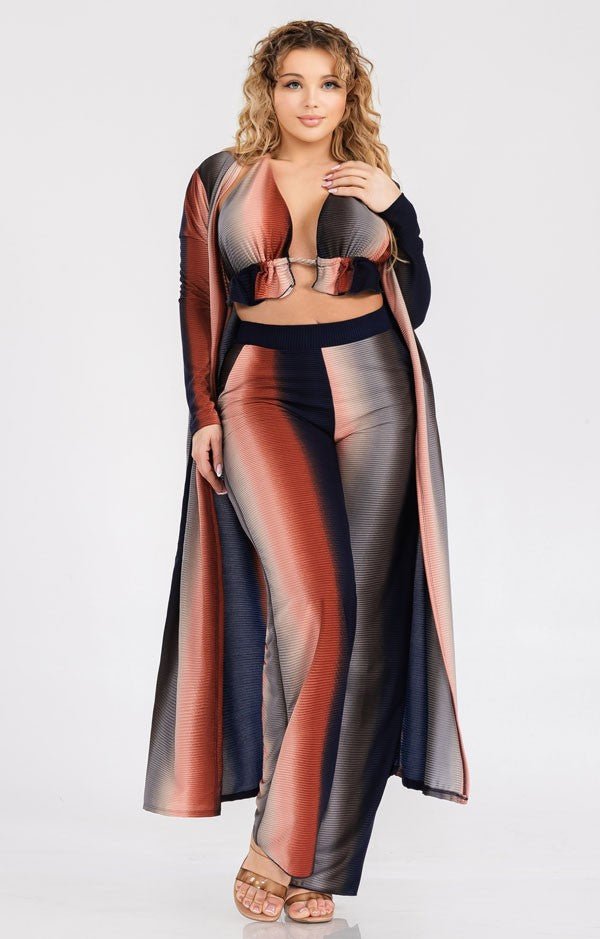 Ombre Plus Size Three Piece Rib Crop Top Pant Set With Cardigan - Blaire Shops