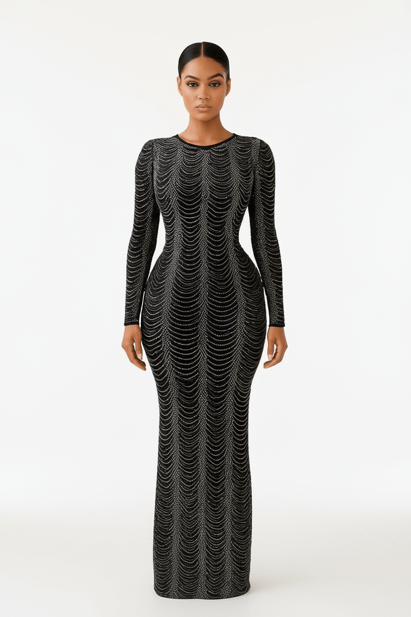 Opulent Black Rhinestone Maxi Gown – Long Sleeve Luxury Event Dress - Blaire Shops