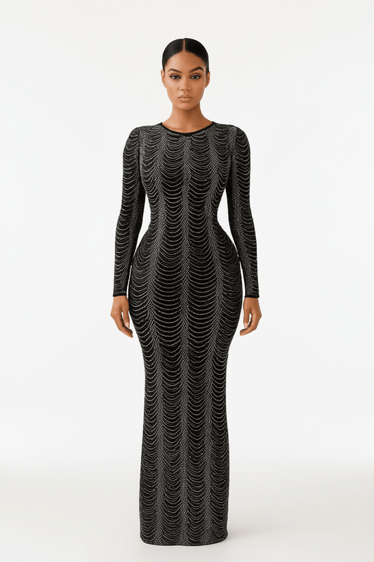 Opulent Black Rhinestone Maxi Gown – Long Sleeve Luxury Event Dress - Blaire Shops