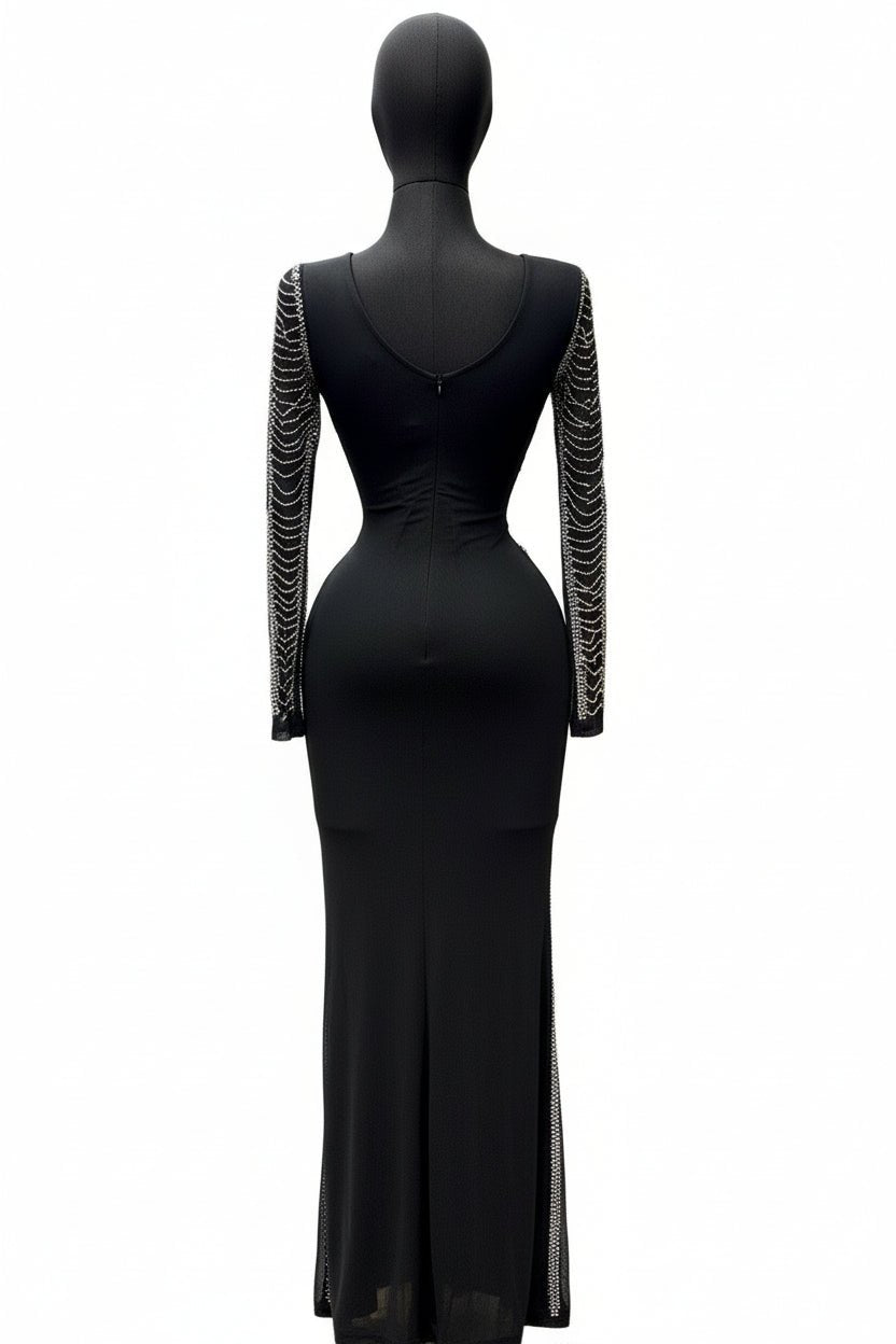 Opulent Black Rhinestone Maxi Gown – Long Sleeve Luxury Event Dress - Blaire Shops