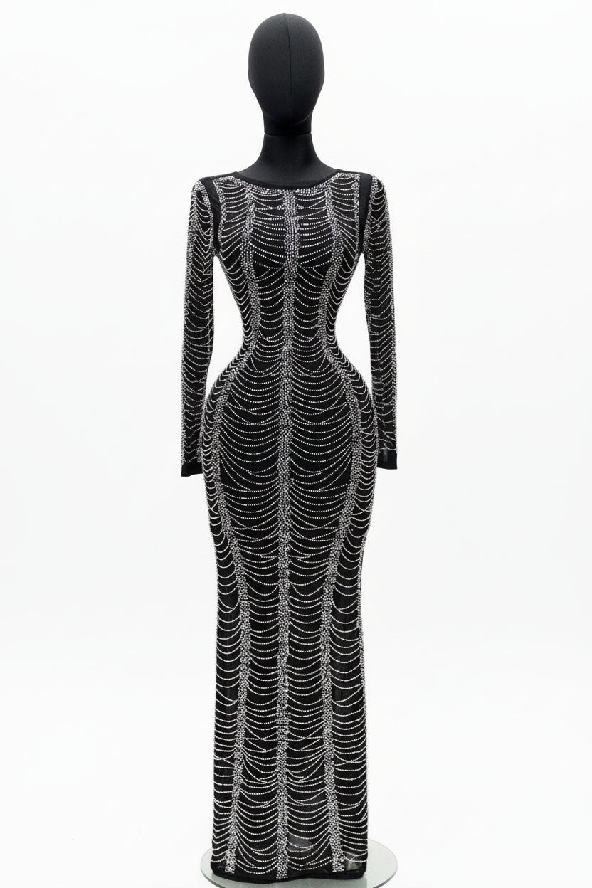 Opulent Black Rhinestone Maxi Gown – Long Sleeve Luxury Event Dress - Blaire Shops