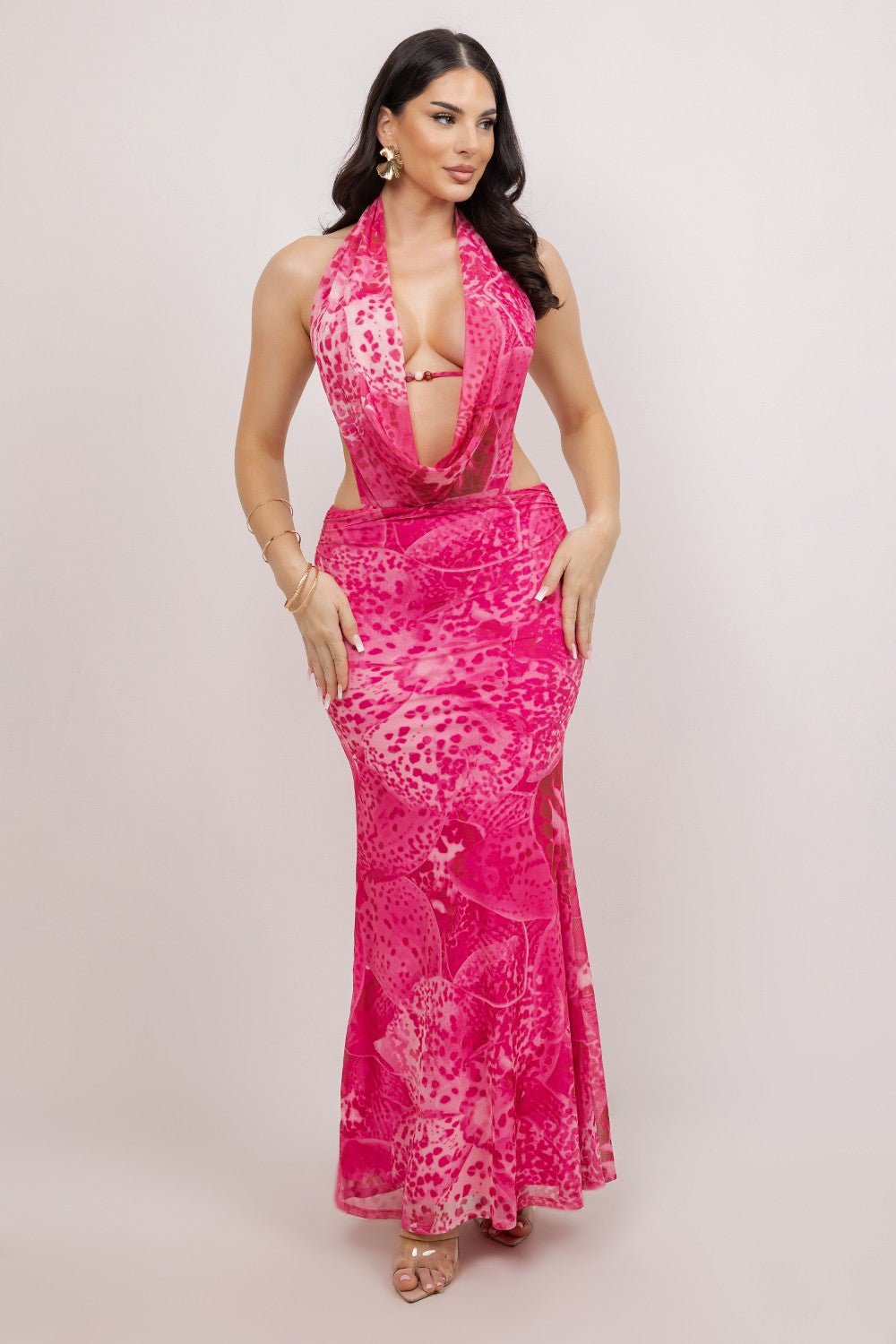 Orchid Halter Maxi Dress - Pink Floral Vacation Dress - Fushia dress for women Vacation Outfits Birthday Dresses Going Out Looks