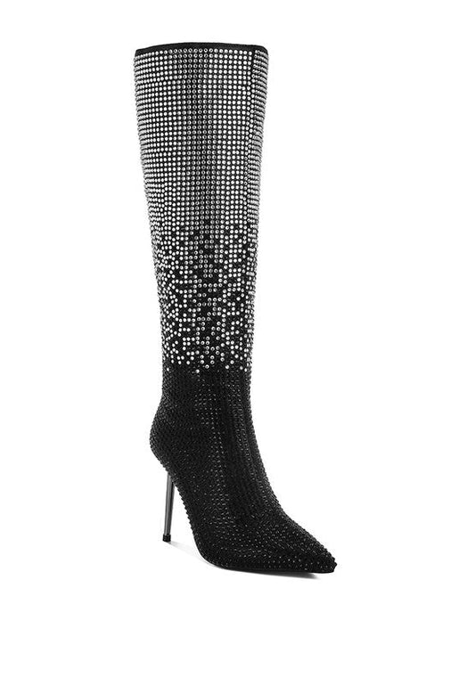 Orymple Shiny Rhinestone Studded Calf Boots - Blaire Shops