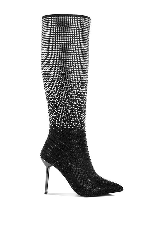 Orymple Shiny Rhinestone Studded Calf Boots - Blaire Shops