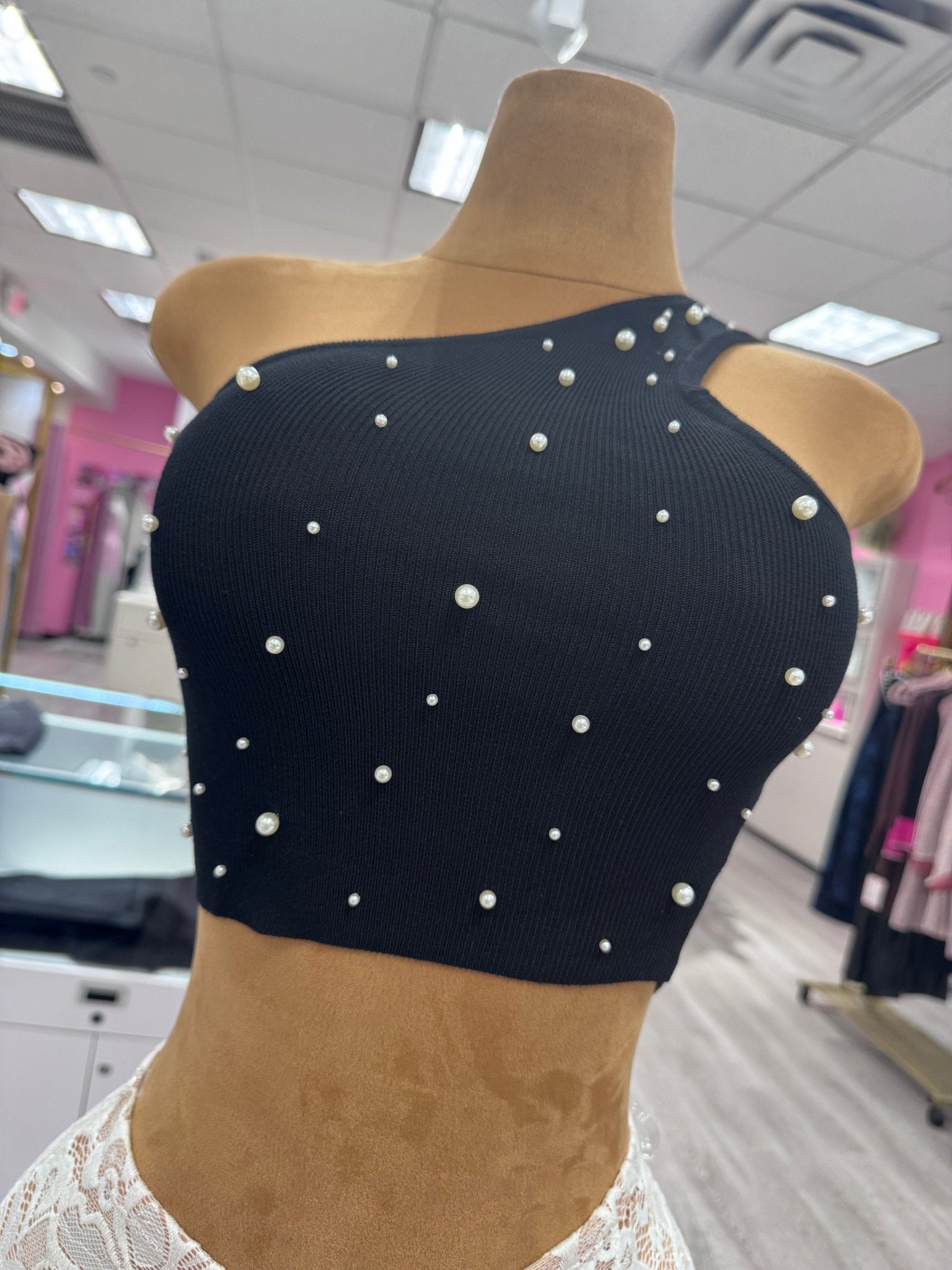 Pamela Pearl Detail Asymmetrical One Shoulder Strap Stretch Crop Top - Blaire Shops