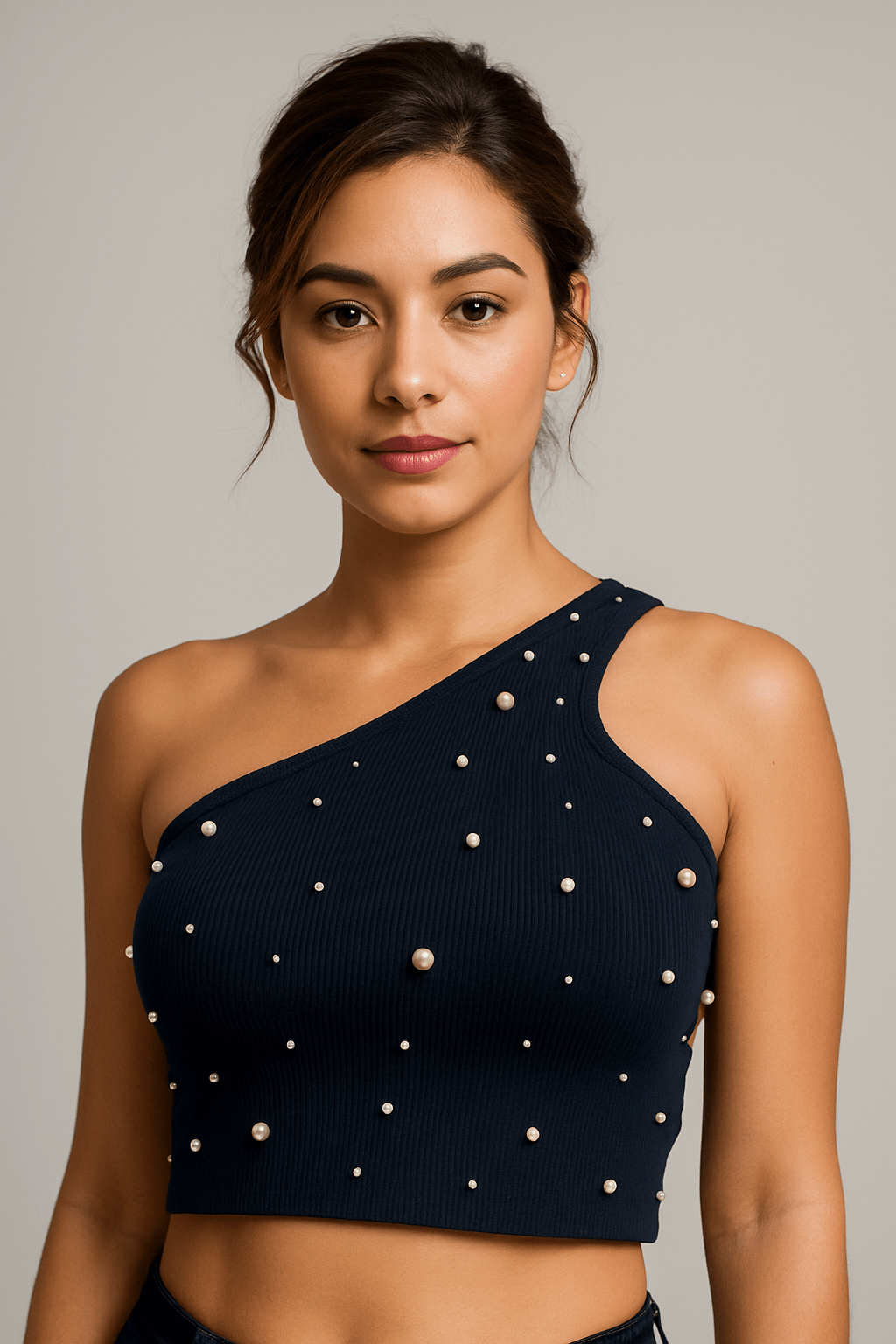 Pamela Pearl Detail Asymmetrical One Shoulder Strap Stretch Crop Top - Blaire Shops