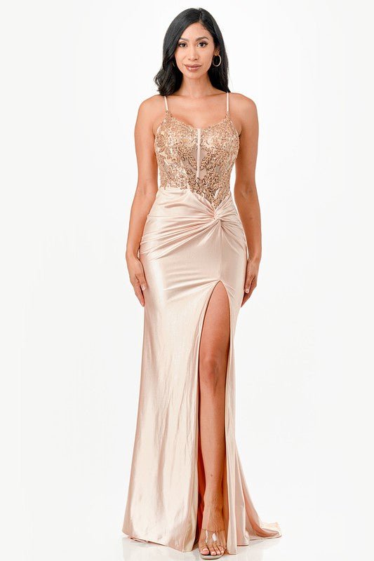 Patrice Corset Satin Front Twist Formal Gown - Blaire Shops