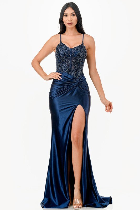 Patrice Corset Satin Front Twist Formal Gown - Blaire Shops
