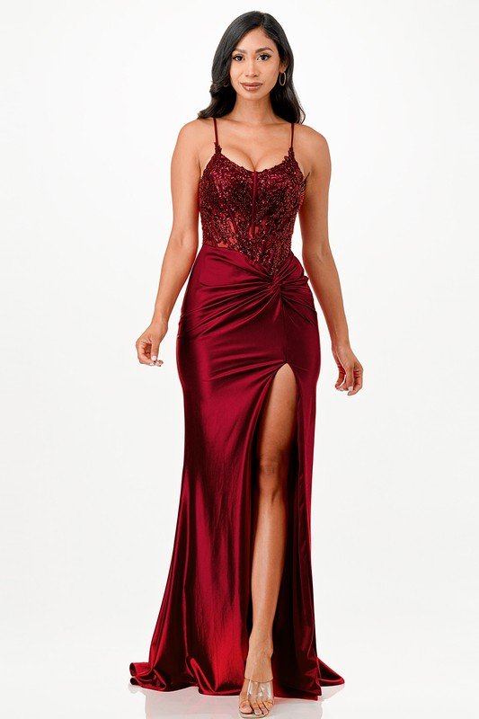 Patrice Corset Satin Front Twist Formal Gown - Blaire Shops
