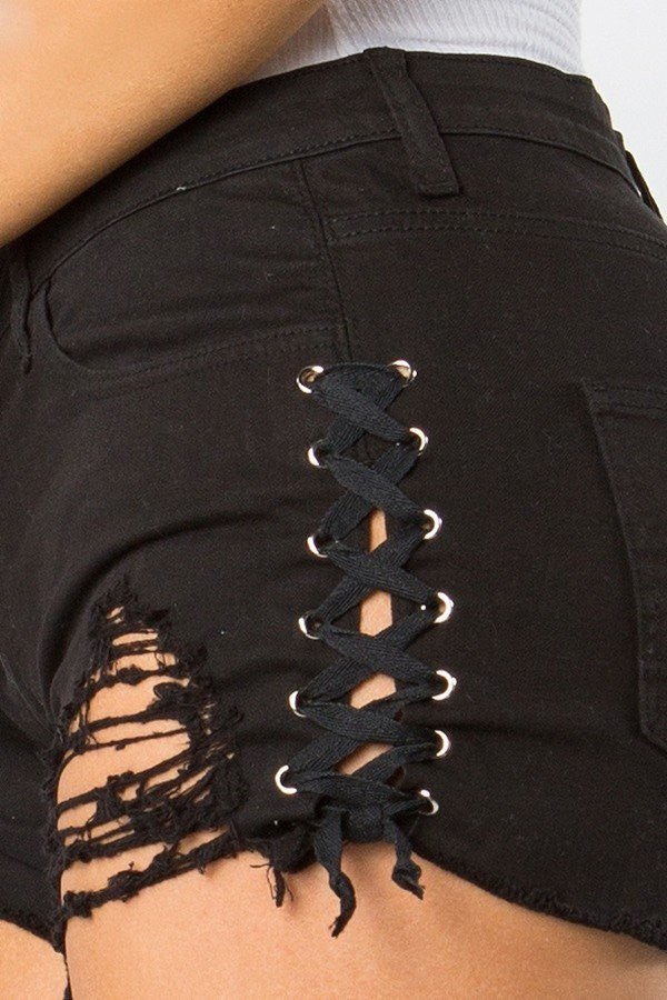 Paula Plus Size - mid Rise Out Seam Lace Up Black Shorts - Blaire Shops