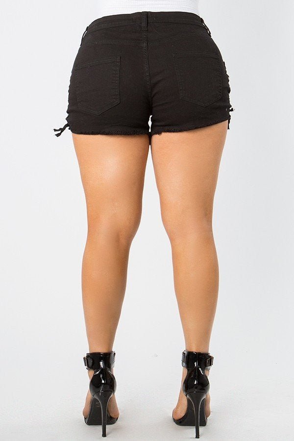Paula Plus Size - mid Rise Out Seam Lace Up Black Shorts - Blaire Shops