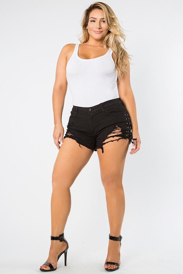 Paula Plus Size - mid Rise Out Seam Lace Up Black Shorts - Blaire Shops