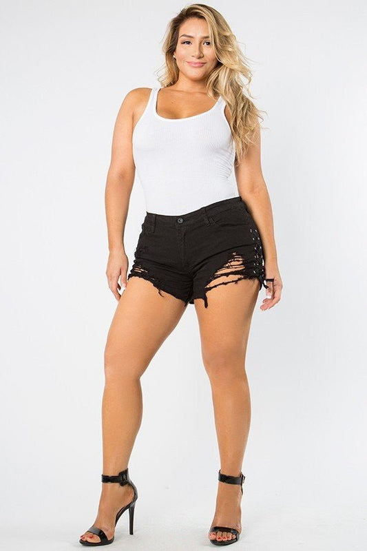 Paula Plus Size - mid Rise Out Seam Lace Up Black Shorts - Blaire Shops