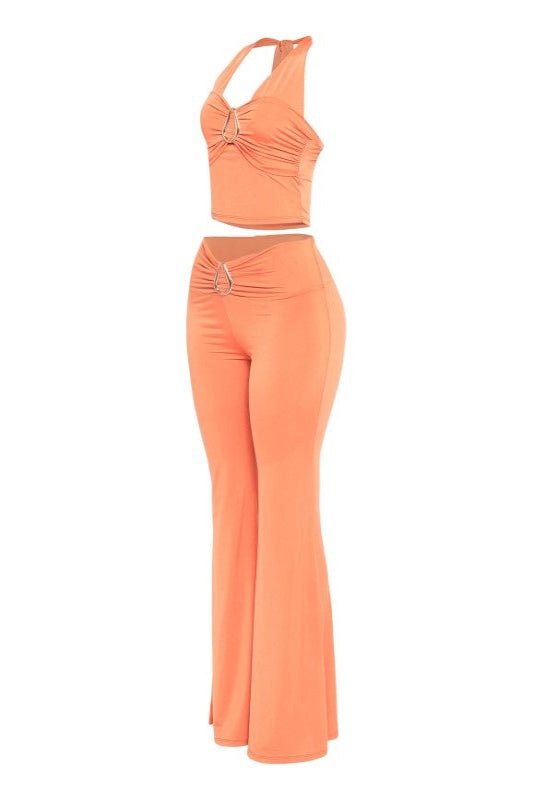 Peachy Geometric Gold Trimmed Halter Top Flare Pant Set - Blaire Shops