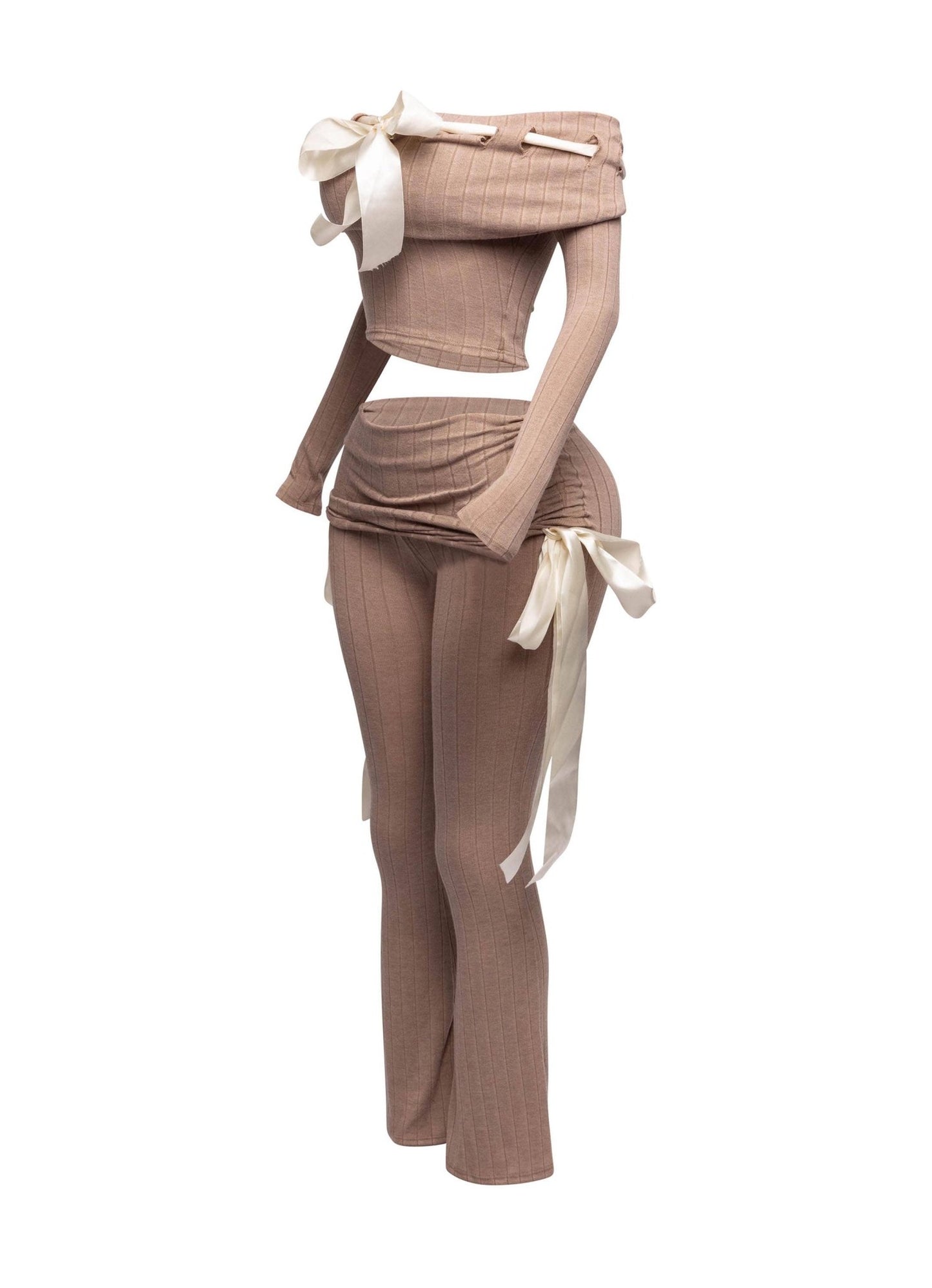 Petite It's A Wrap Pant Set With Off - Shoulder Top, Ribbon Trim, And Wide Leg Style - Unique 2 - Piece Outfit - Blaire Shops