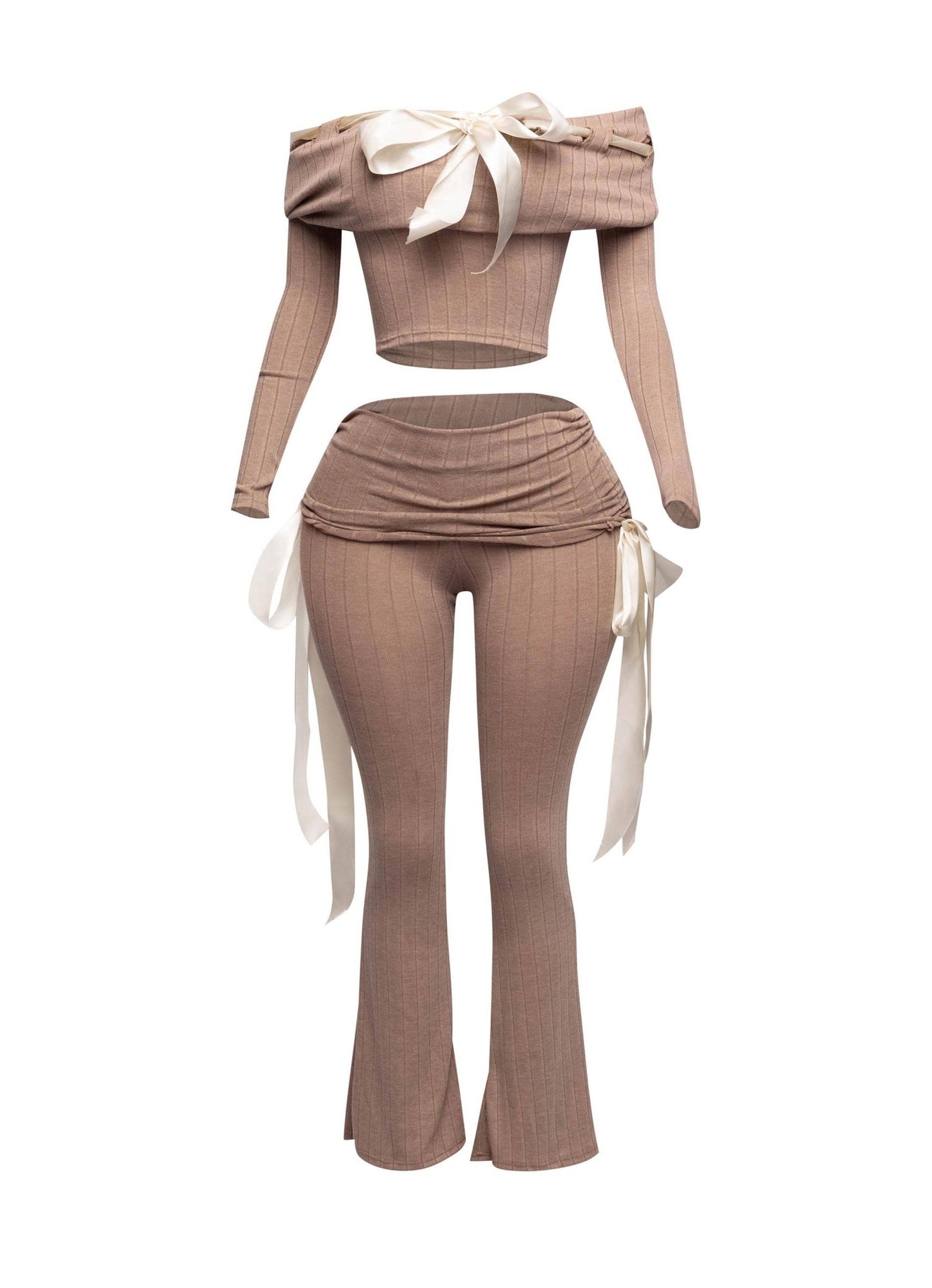 Petite It's A Wrap Pant Set With Off - Shoulder Top, Ribbon Trim, And Wide Leg Style - Unique 2 - Piece Outfit - Blaire Shops