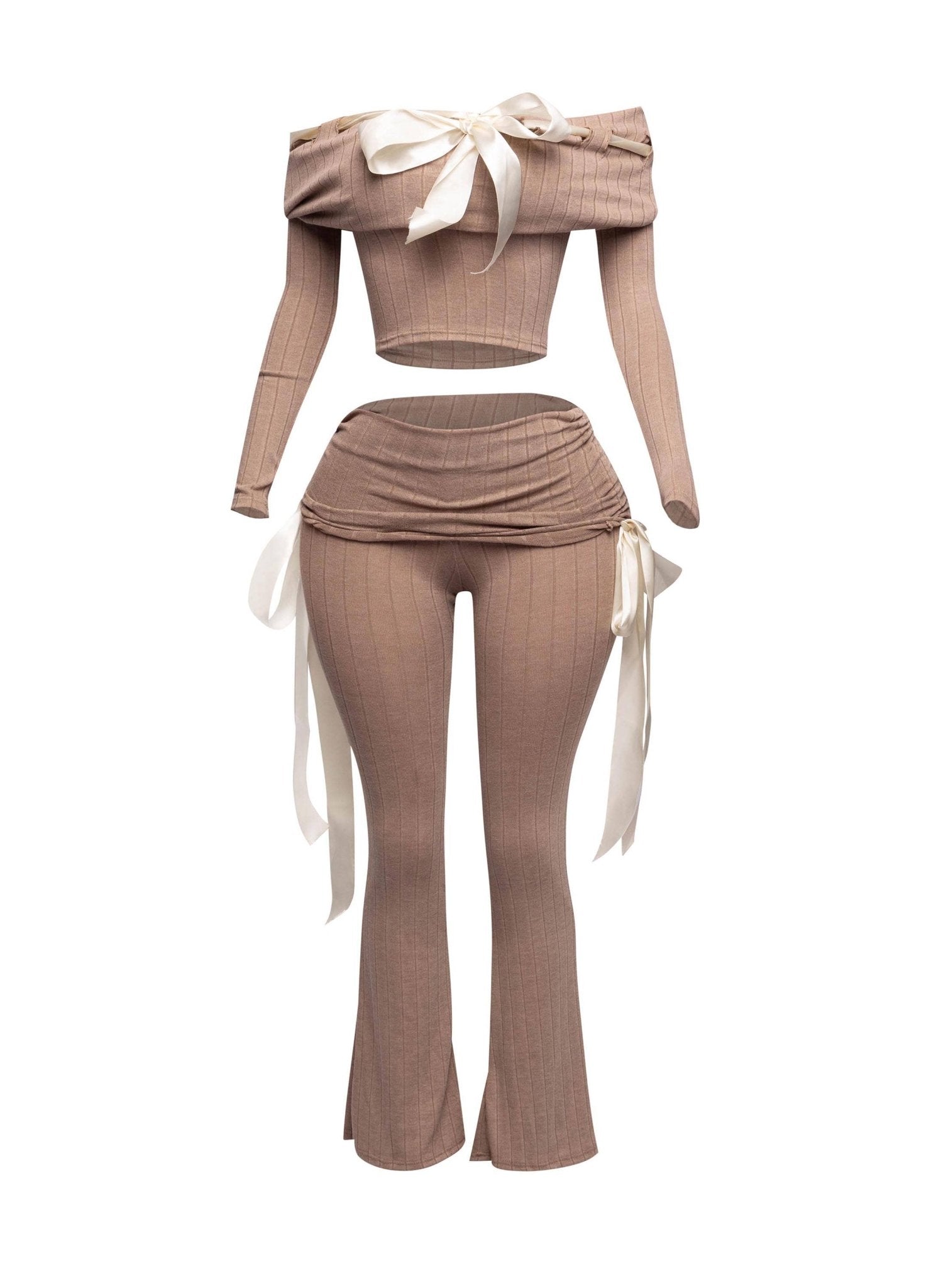 Petite It's A Wrap Pant Set With Off - Shoulder Top, Ribbon Trim, And Wide Leg Style - Unique 2 - Piece Outfit - Blaire Shops