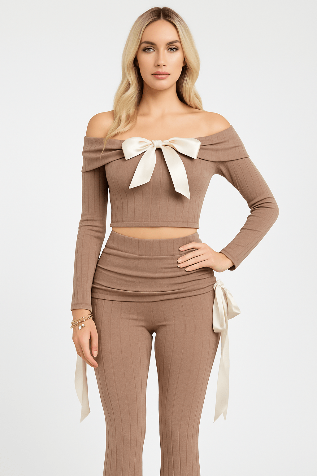 Petite It's A Wrap Pant Set With Off - Shoulder Top, Ribbon Trim, And Wide Leg Style - Unique 2 - Piece Outfit - Blaire Shops