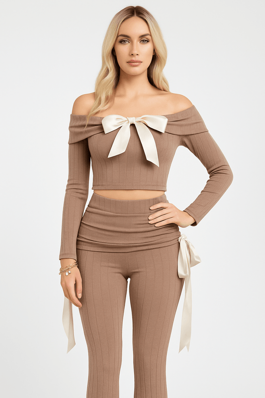 Petite It's A Wrap Pant Set With Off - Shoulder Top, Ribbon Trim, And Wide Leg Style - Unique 2 - Piece Outfit - Blaire Shops