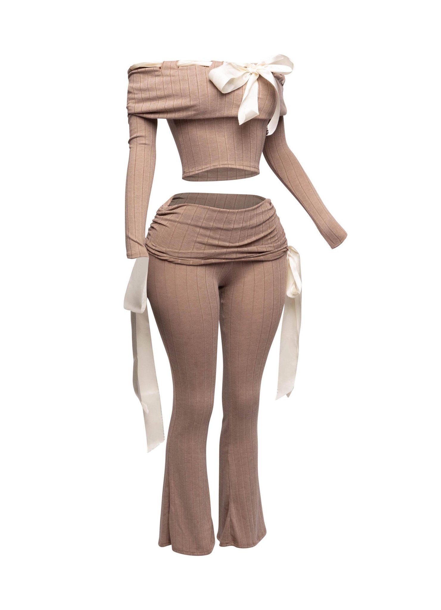 Petite It's A Wrap Pant Set With Off - Shoulder Top, Ribbon Trim, And Wide Leg Style - Unique 2 - Piece Outfit - Blaire Shops