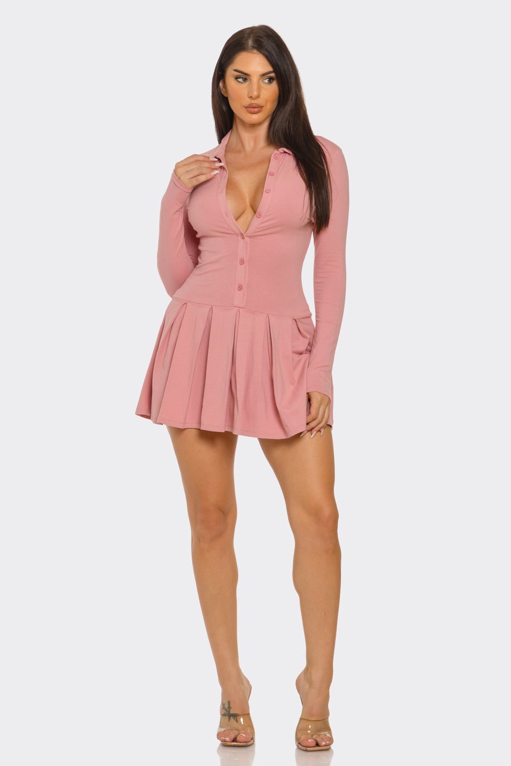 Pink Pleated Mini Dress with Collar & Button - Down Detail – Cotton Spandex Fit - Blaire Shops