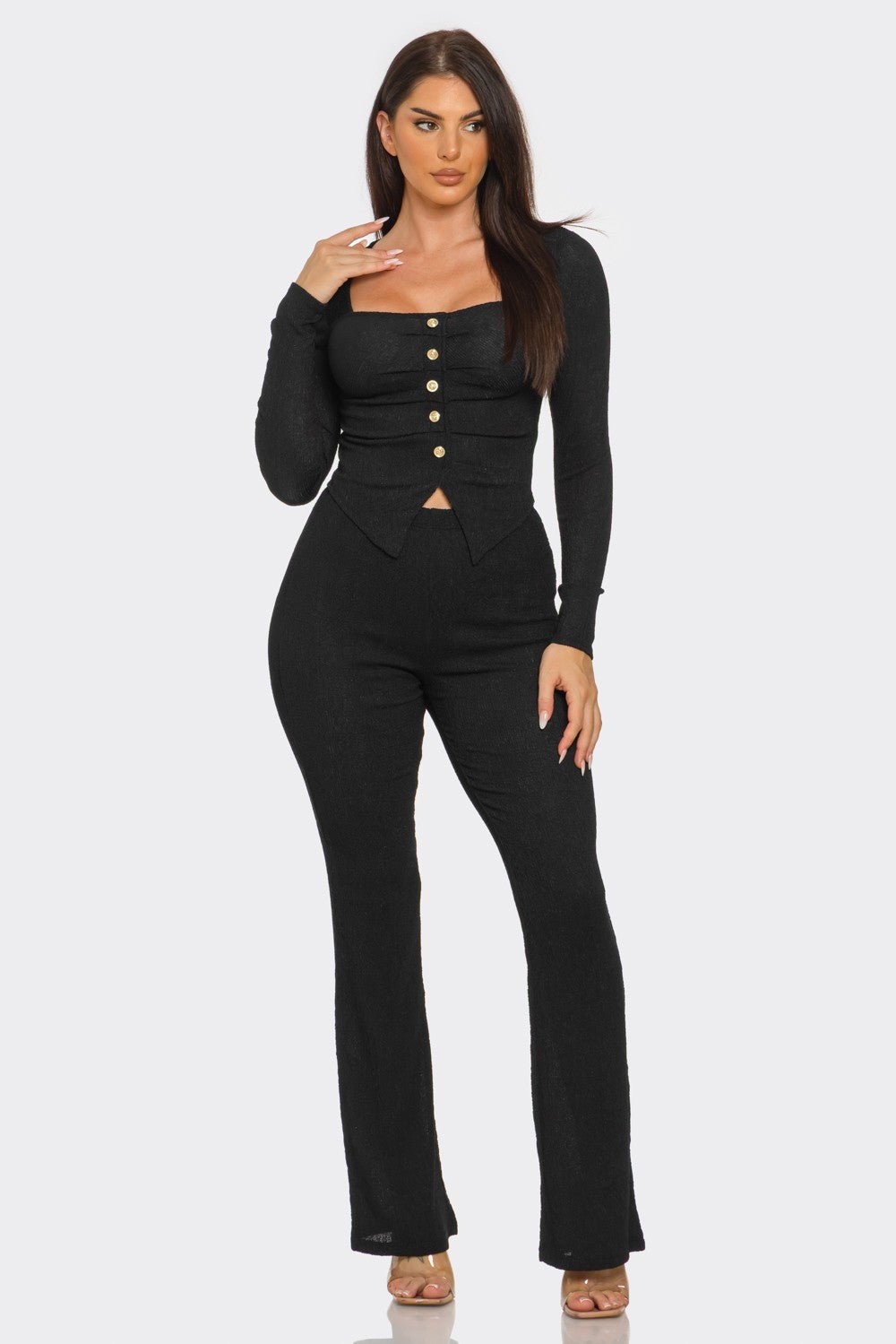 Pleated Button Detail Slit Top & Pants Set – Women’s Two Piece Outfit - Black outfit for women Vacation Outfits Birthday Dresses Going Out Looks