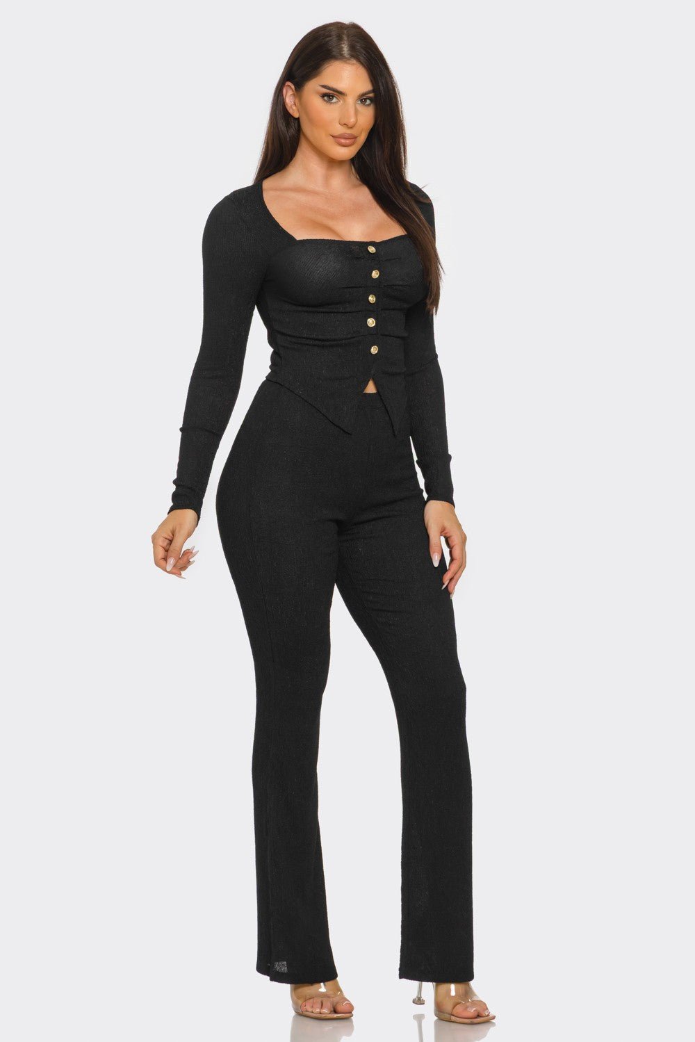 Pleated Button Detail Slit Top & Pants Set – Women’s Two Piece Outfit - Black outfit for women Vacation Outfits Birthday Dresses Going Out Looks