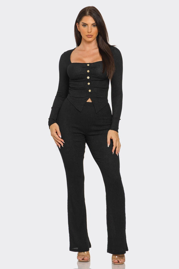 Pleated Button Detail Slit Top & Pants Set – Women’s Two Piece Outfit - Black outfit for women Vacation Outfits Birthday Dresses Going Out Looks