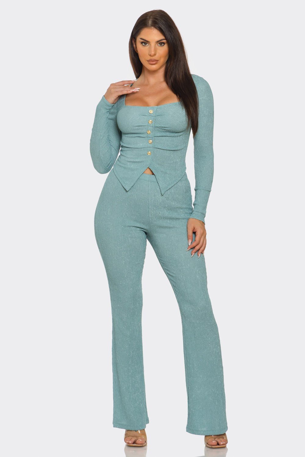 Pleated Button Detail Slit Top & Pants Set – Women’s Two Piece Outfit - Sage outfit for women Vacation Outfits Birthday Dresses Going Out Looks