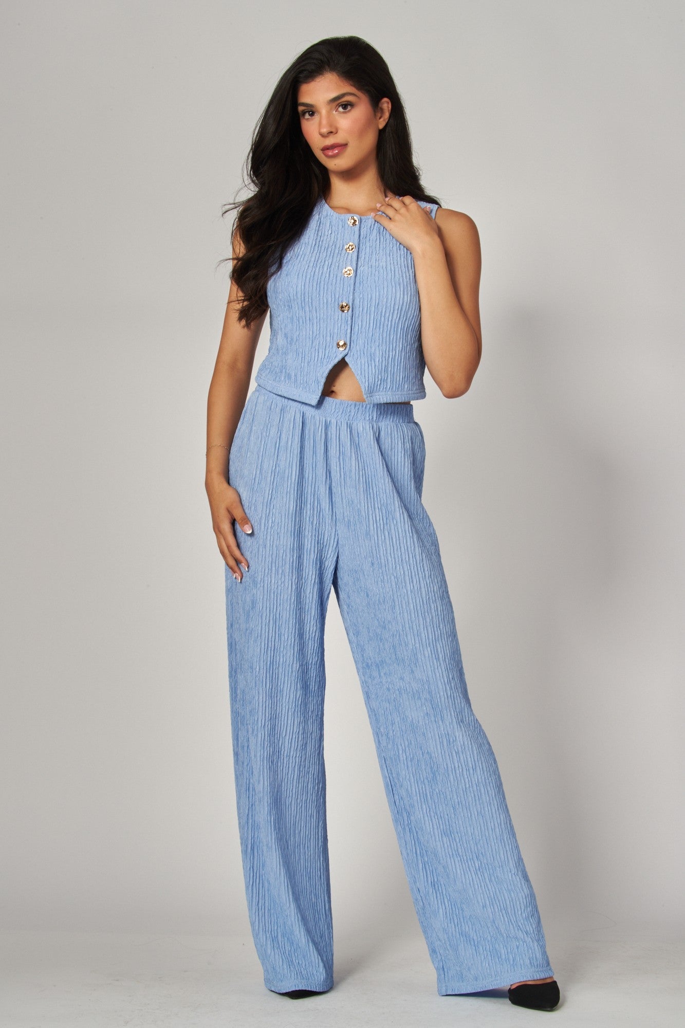 Plissé Waistcoat Top & Wide - Leg Pant Set – Chic Brunch, Work & Travel Outfit for Women - Baby Blue outfit for women Vacation Outfits Birthday Dresses Going Out Looks