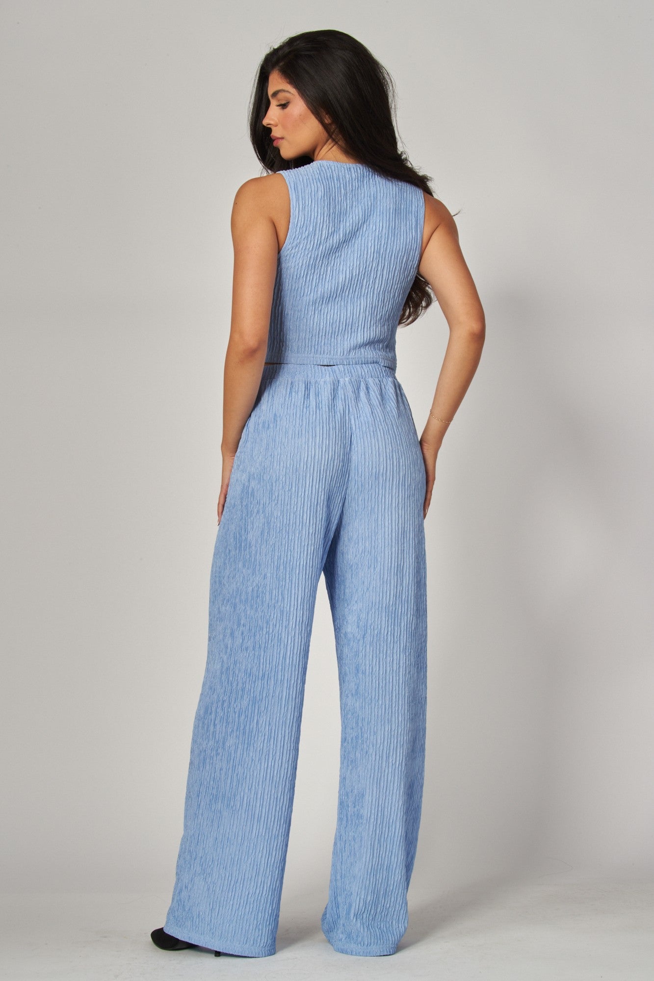 Plissé Waistcoat Top & Wide - Leg Pant Set – Chic Brunch, Work & Travel Outfit for Women - Baby Blue outfit for women Vacation Outfits Birthday Dresses Going Out Looks