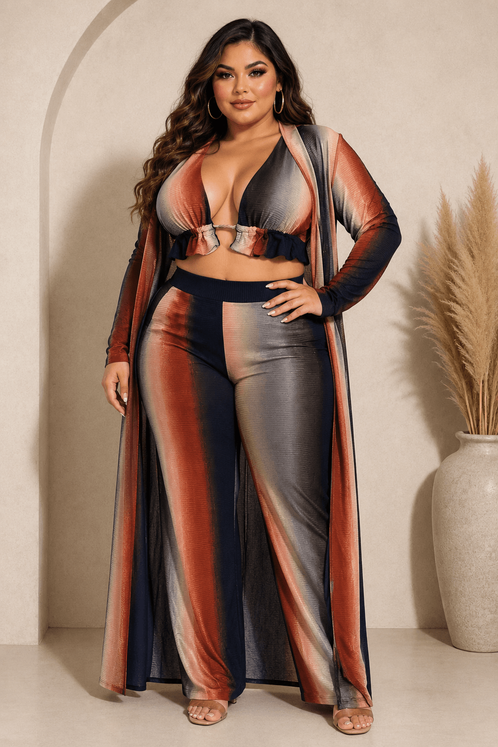 Plus Size Ombre 3 - Piece Pant Set with Cardigan – Summer Vacation Outfit - 1XL for women Vacation Outfits Birthday Dresses Going Out Looks