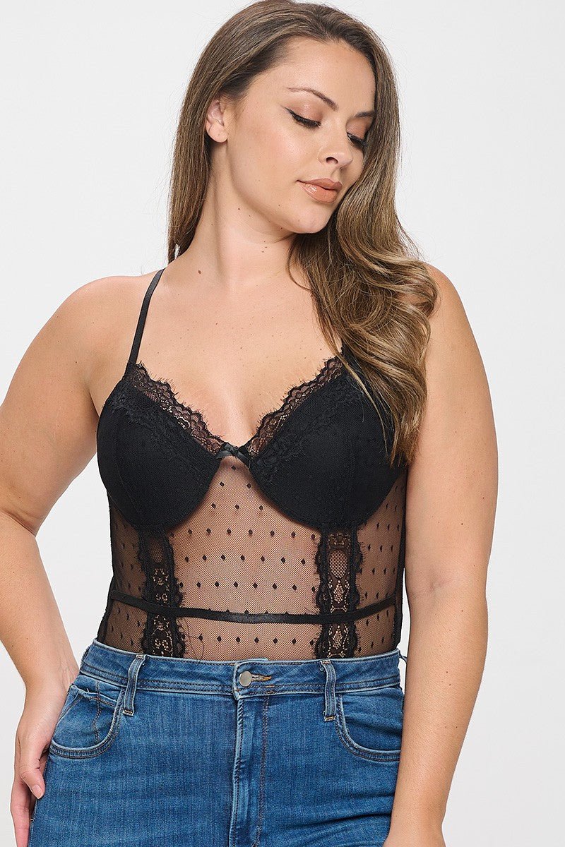 Plus Size Polka Dot Sheer Mesh Bodysuit | Lace Trim One - Piece - Blaire Shops