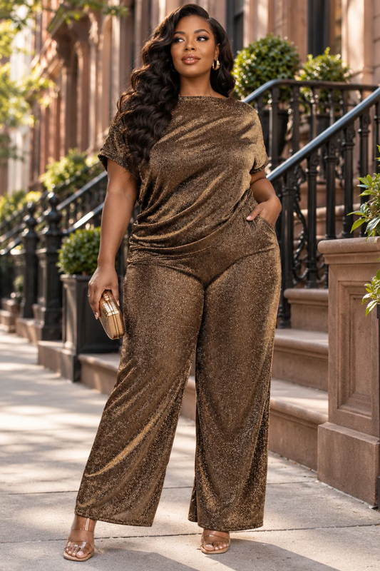 women standing modeling a plus size  two piece stretch pant set with glimmer on new years 