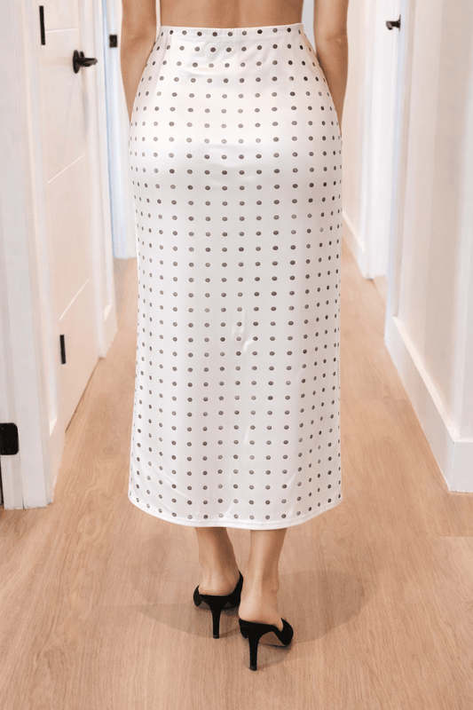 Polka Dot Satin Midi Slip Skirt – Elegant Brunch & Date Night Outfit Skirt for Women - Ivory bottoms for women Vacation Outfits Birthday Dresses Going Out Looks