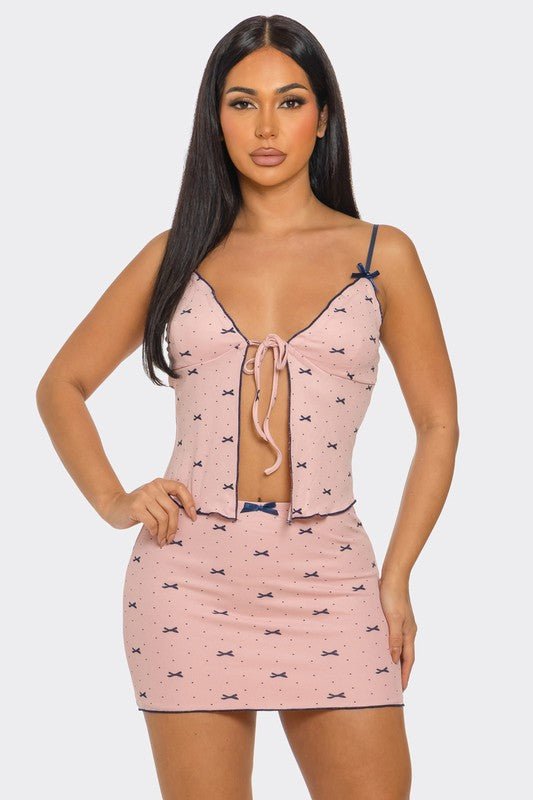 Pretty Bow Mini Skirt and Spaghetti Strap Top Set – Chic Two - Piece Outfit for Women - S SKIRT SET for women Vacation Outfits Birthday Dresses Going Out Looks