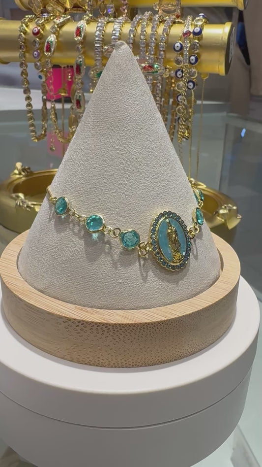 Virgin Mary Aqua Blue Gem Bracelet – 18K Gold Plated