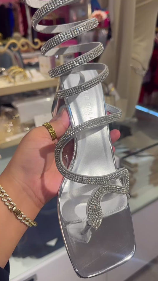 Silver Snake Rhinestone Coil Up Block Sandals
