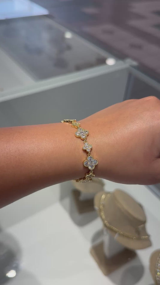 Pulsera de lujo con trébol y circonita cúbica rellena de oro