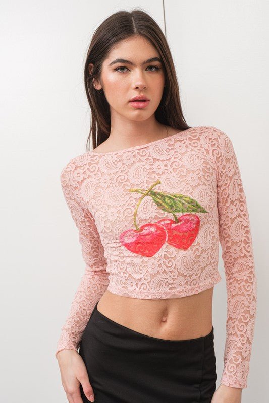 Cherry Kiss Sheer Lace Crop Top – Long Sleeve Graphic Mesh Top - S Crop Top for women Vacation Outfits Birthday Dresses Going Out Looks