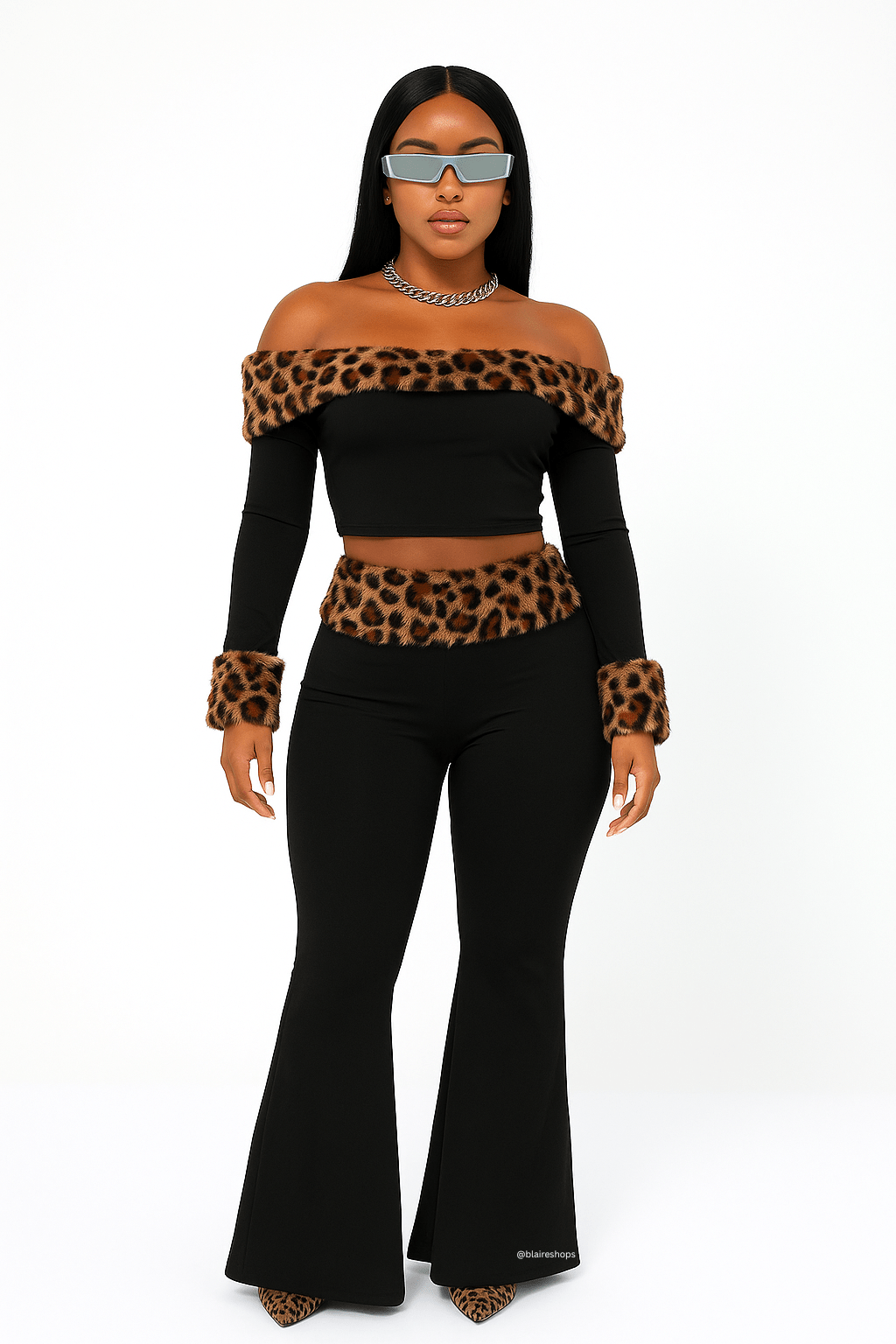 Rhi Leopard Trim Off the Shoulder Long Sleeve Crop Top with Flare Pants Set – 2 Piece Set - Blaire Shops