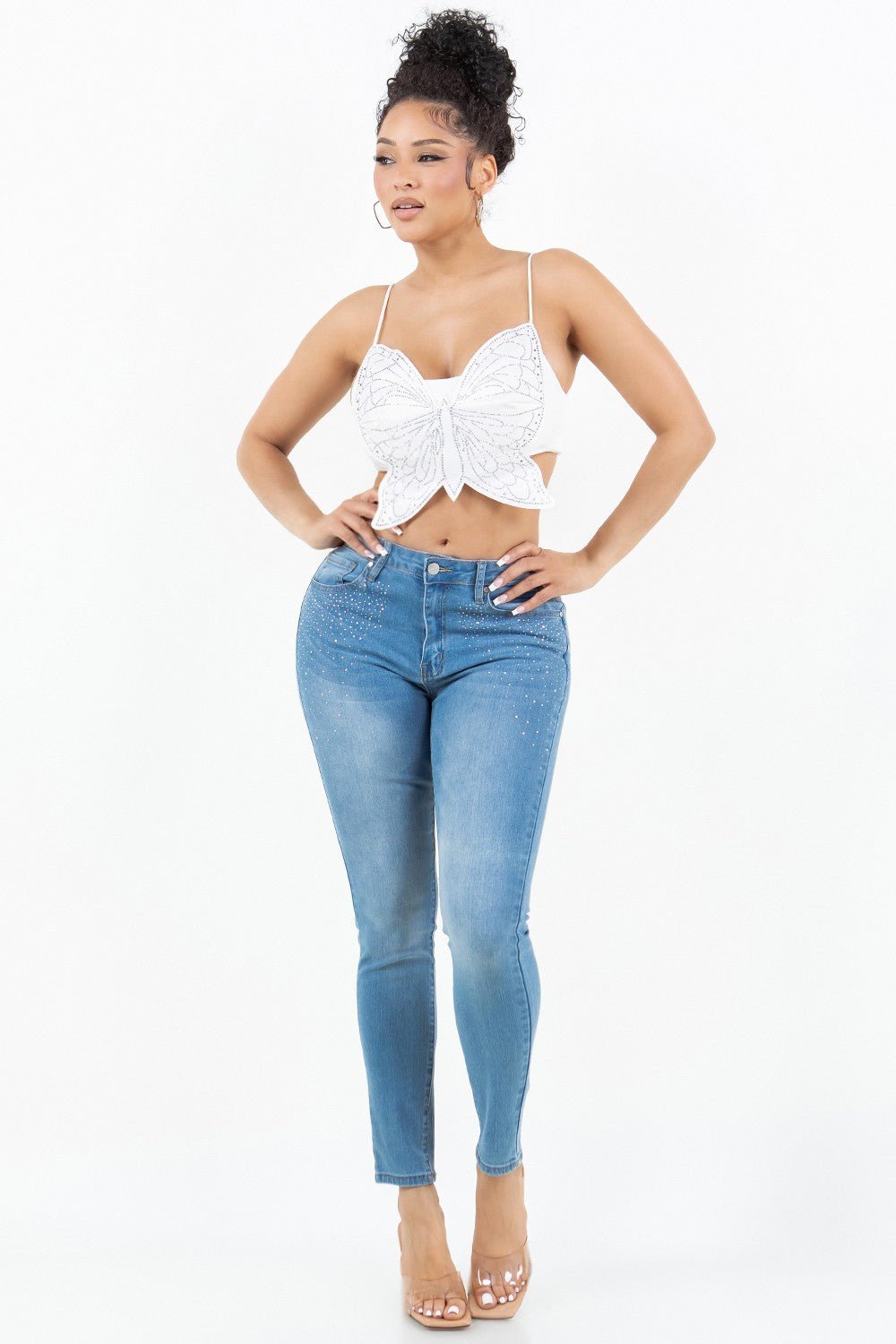 Rhinestone Butterfly Crop Top – Sparkle with Every Move - Blaire Shops