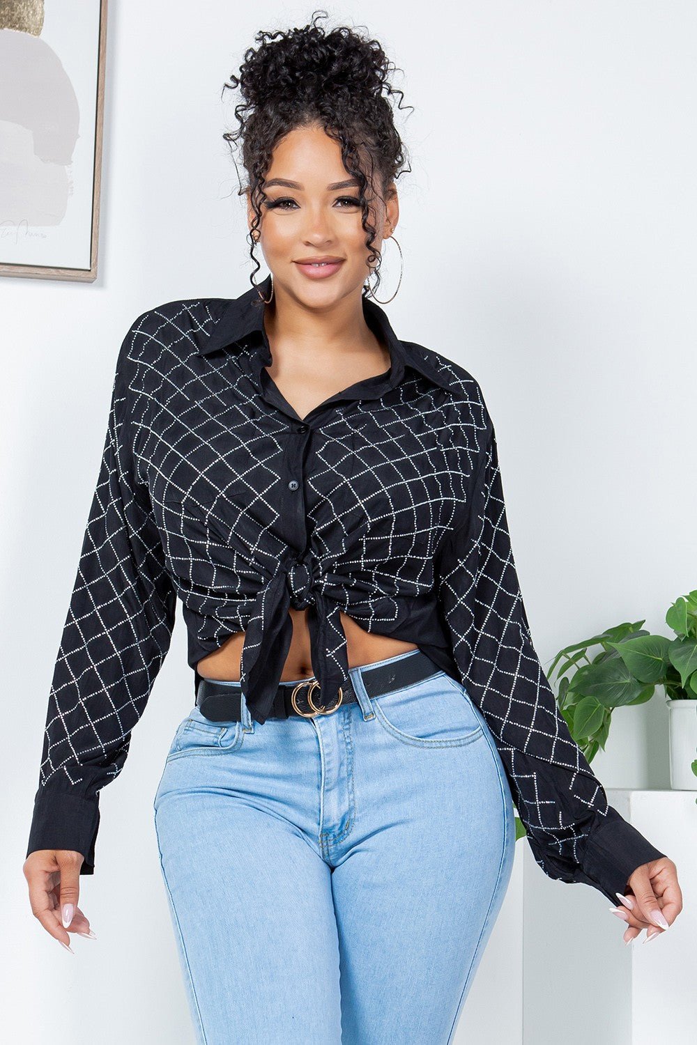 Rhinestone Button - Up Shirt Blouse – Effortless Glam Meets Everyday Comfort - Blaire Shops