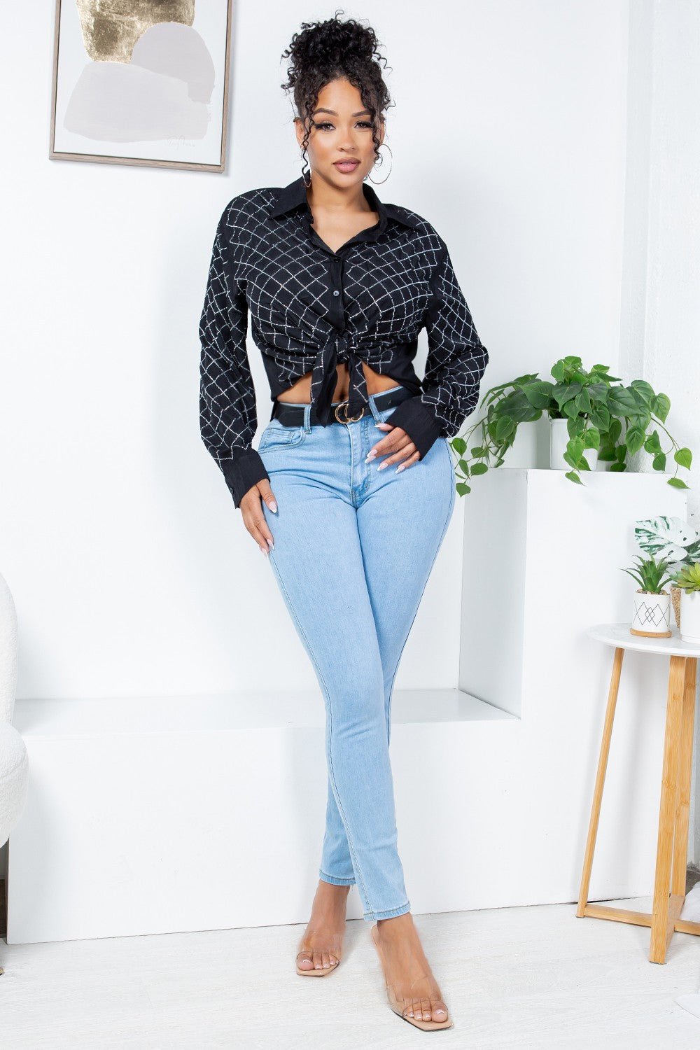 Rhinestone Button - Up Shirt Blouse – Effortless Glam Meets Everyday Comfort - Blaire Shops