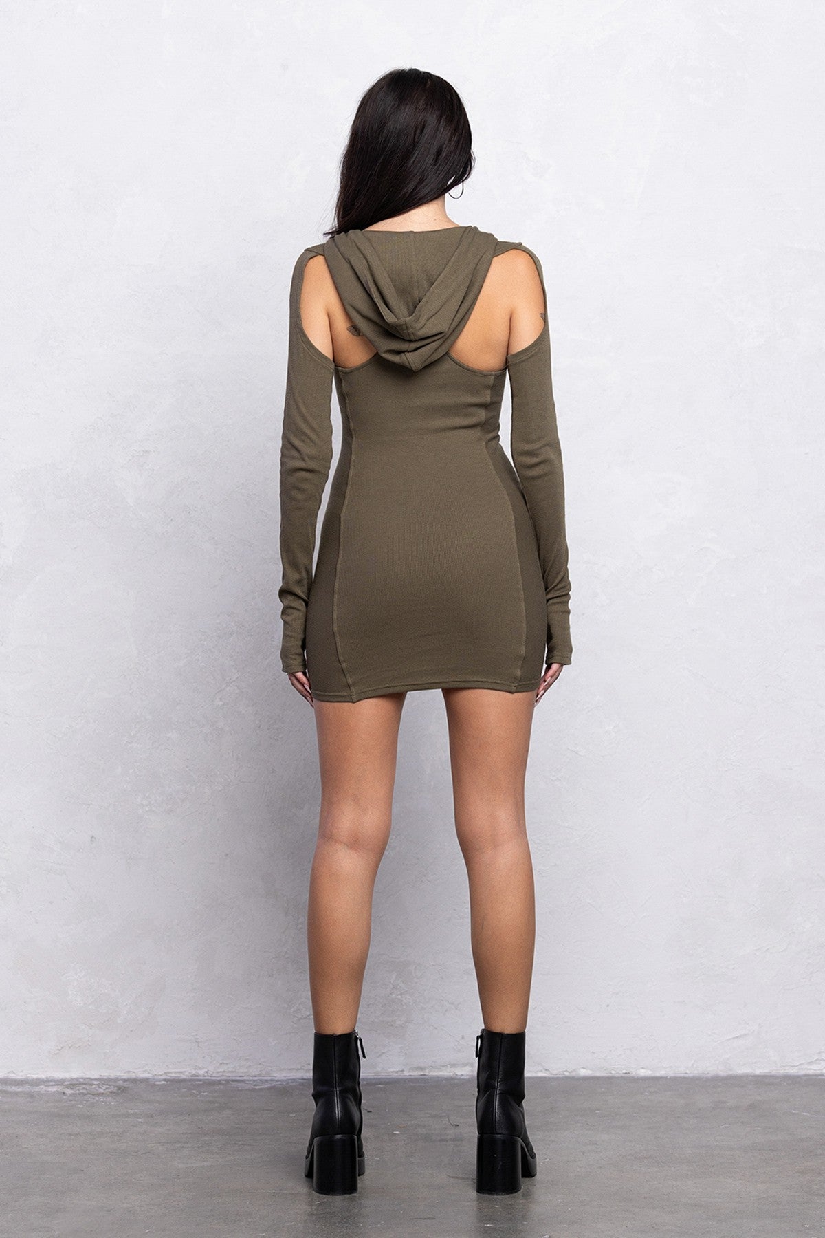 Ribbed Hoodie Mini Dress | Cut - Out Details & Thumb Hole Long Sleeve Streetwear - Blaire Shops