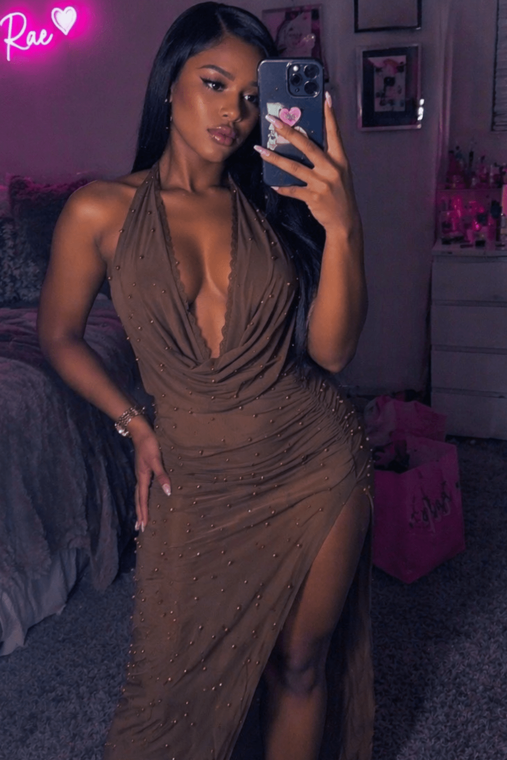 Risque Ruby Pearl Cowl - Front Maxi Dress - mocha dress for women Vacation Outfits Birthday Dresses Going Out Looks