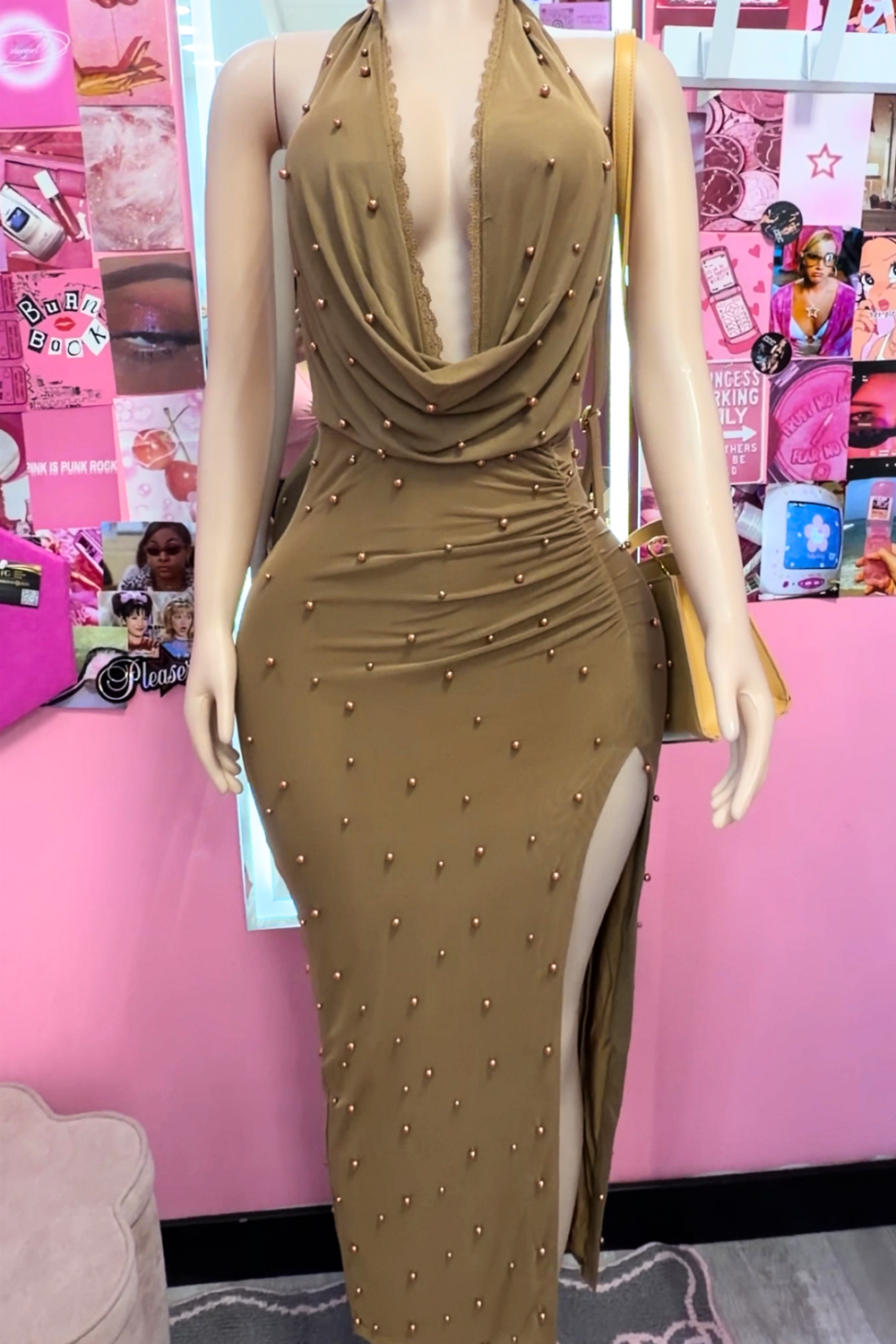 Risque Ruby Pearl Cowl - Front Maxi Dress - mocha dress for women Vacation Outfits Birthday Dresses Going Out Looks