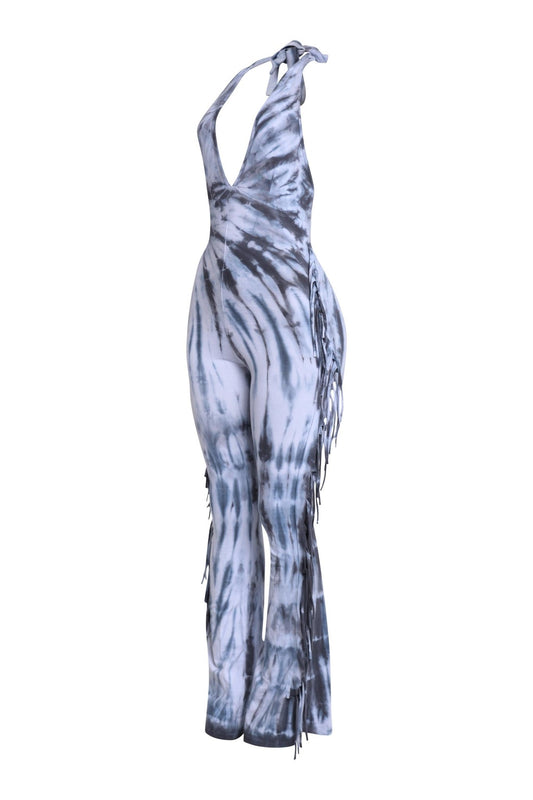 Rodeo Baddie Tie - Dye Fringed Halter Jumpsuit - Bold, flirty, and made to move! - GREY JUMPSUIT for women Vacation Outfits Birthday Dresses Going Out Looks